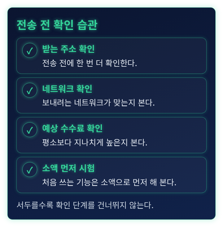 거래를 보내기 전에 확인할 습관을 나열한 체크리스트