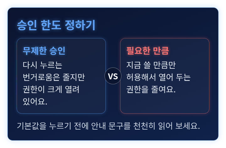 무제한 승인과 필요한 만큼만 승인하는 방식을 견준 비교 도식