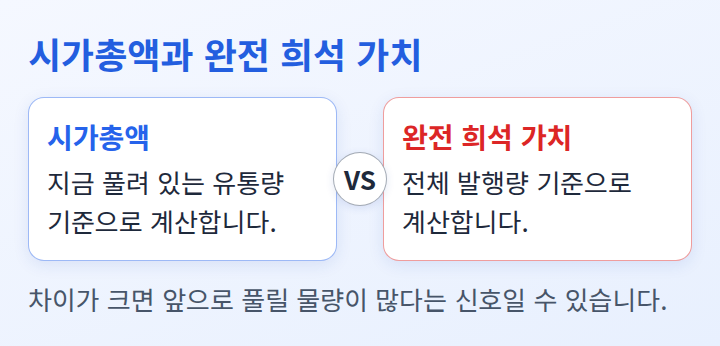 유통량 기준 시가총액과 전체 발행량 기준 완전 희석 가치를 나란히 견주는 비교 도식