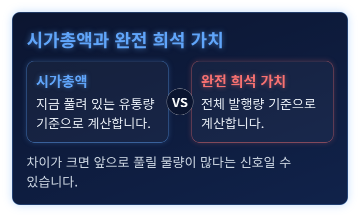 유통량 기준 시가총액과 전체 발행량 기준 완전 희석 가치를 나란히 견주는 비교 도식