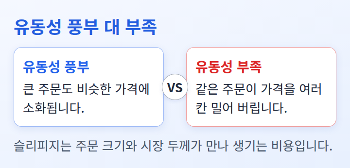유동성이 풍부한 시장과 부족한 시장에서 같은 주문이 어떻게 체결되는지 견주는 비교 도식