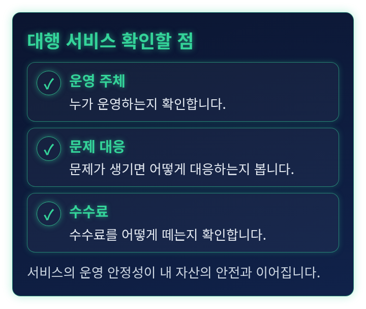 스테이킹 대행 서비스를 이용할 때 확인할 세 가지를 늘어놓은 체크리스트