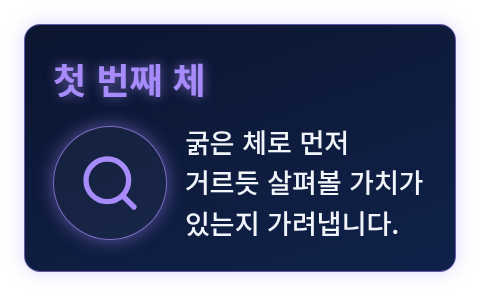 체로 거르듯 살펴볼 만한 프로젝트를 가려내는 모습을 나타낸 카드