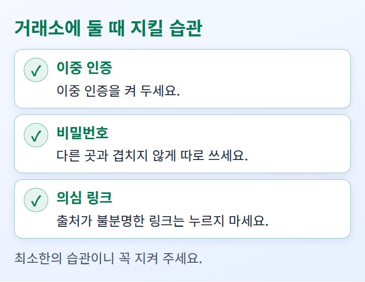 거래소에 두는 분이 지킬 보안 습관 세 가지를 정리한 체크리스트