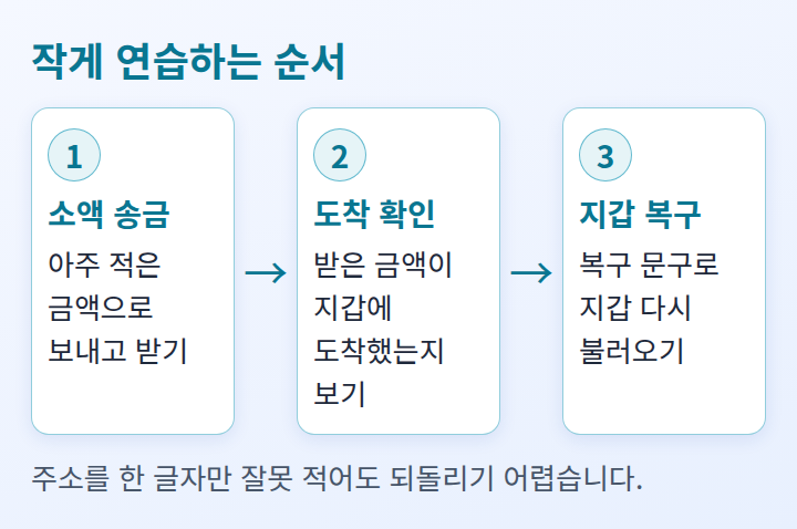 소액으로 보내고 받고 복구까지 해 보는 연습 순서를 보여 주는 단계 도식