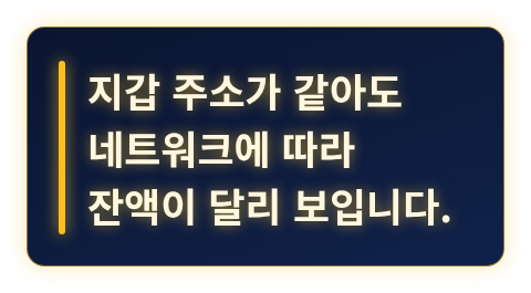 네트워크에 따라 잔액이 다르게 보일 수 있다는 핵심 문장 카드