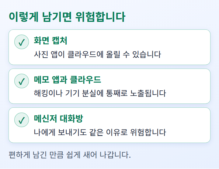 시드 문구를 남기면 안 되는 곳을 정리한 체크리스트